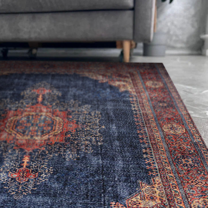 Tapis bleu marine à motif rétro tissé, Carré 5 pi