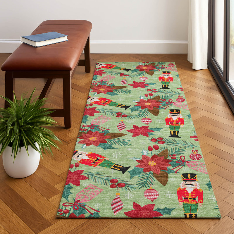 Premium Machine Washable Dockside AMF1822 Nutcracker and Poinsettia Rug, Runner 2'3" x 7'6"