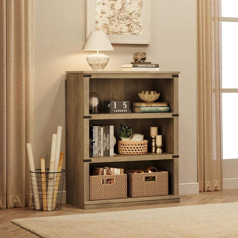 3-Tier Farmhouse Bookcase with Open Shelves, Wood Bookshelf with Anti-Tip Kit for Living Room and Home Office, Gray