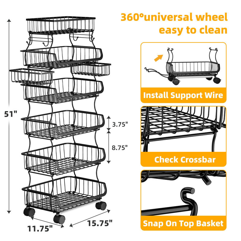 Chariot à roulettes empilable à 6 niveaux avec roulettes et 2 paniers suspendus, noir