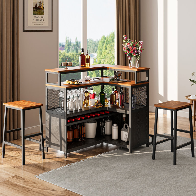 Industrial L-Shaped 3-Piece Bar Table Set for 2 – 4-Tier Home Bar Cabinet with LED Lights, Wine Rack & Stemware Holder for Kitchen, Dining Room or Small Apartment