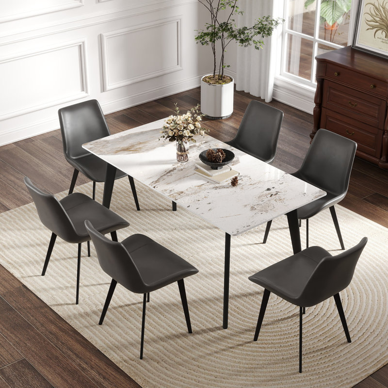 Table de salle à manger 62,99 po en pierre artificielle moderne à bord droit et pieds en métal noir pouvant accueillir 6 personnes (table de salle à manger seulement)