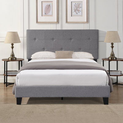 Upholstered Platform Bed with Button Tufted Linen Headboard, Wood Slat Support, No Box Spring Needed, Easy Assembly, Grey