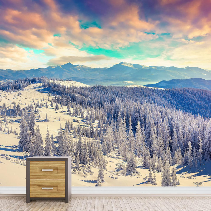 Vibrant coucher de soleil ciel pastel montagne forêt nature photographie paysage rustique décoratif, L 66 po x l 96 po