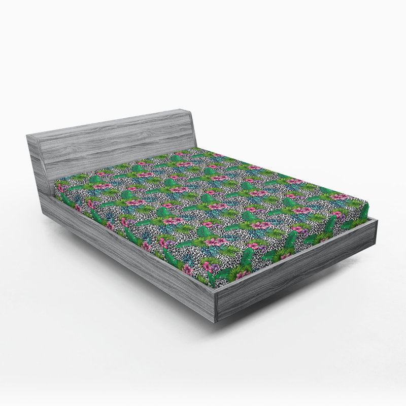 Ambesonne Nature Fitted Sheet Leaves Botanical Style Art, California King Fitted Sheet, Fern Green/Multicolor Floral
