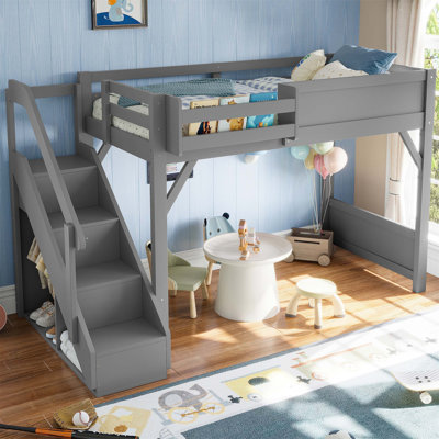 Solid Wood Loft Bed With Built-In Wardrobe, Storage Space, And Beside Shelves, Full-Length Guardrails And Stairs, No Box Spring Needed