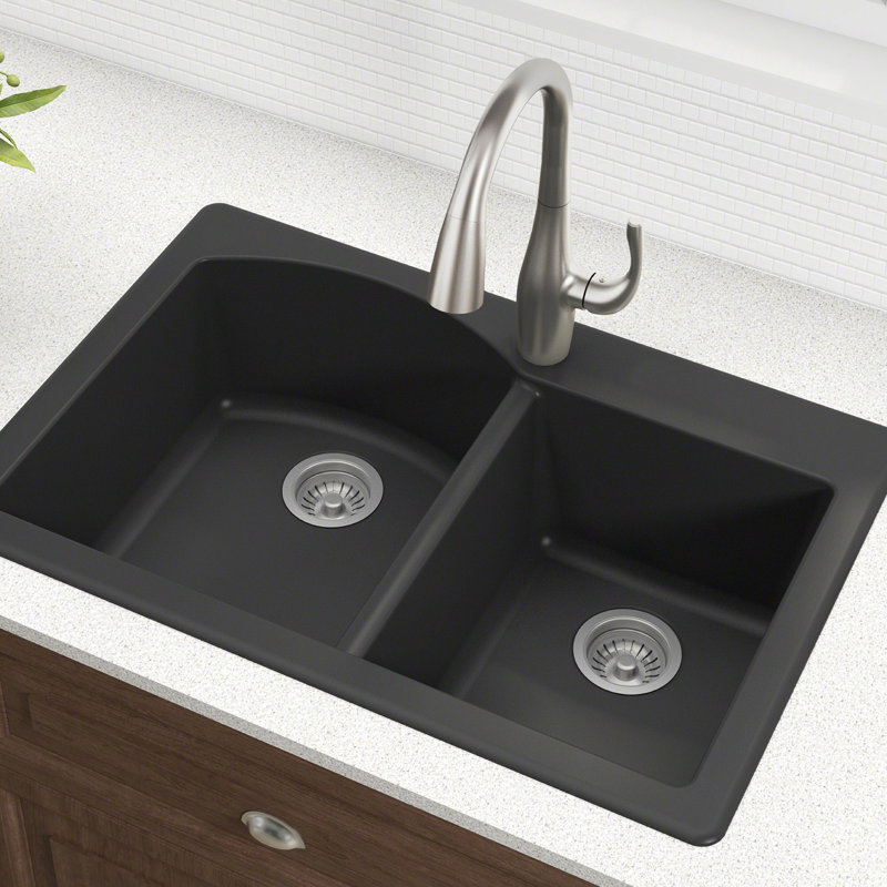 KRAUS Forteza™ 33" L Dual Mount 60/40 Double Bowl Granite Kitchen Sink, Black