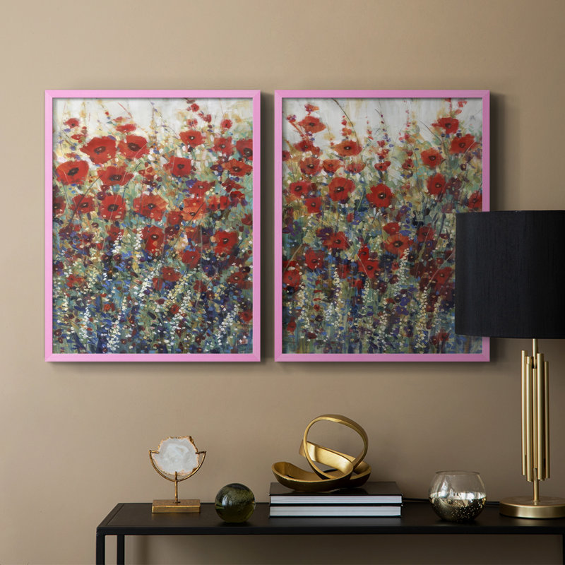 «Garden Poppies I», reproduction encadrée de qualité supérieure - prête à être accrochée - aucun clou requis - aucun clou requis