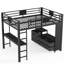 Grand lit mezzanine avec bureau, tablettes et panneau perforé, structure de lit mezzanine en métal noir avec échelle, panier à linge, peu encombrant