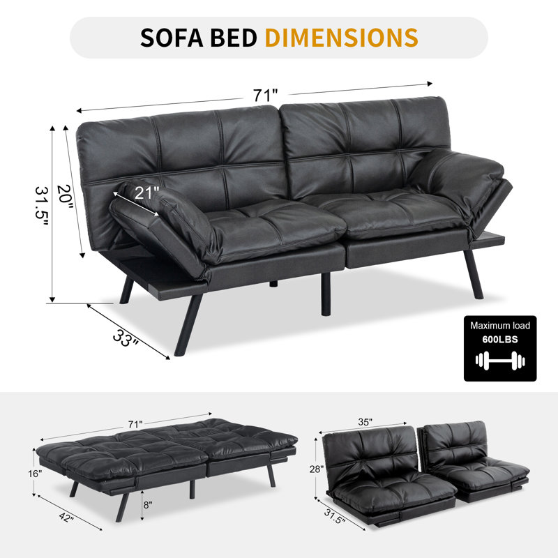 Canapé-lit convertible 71 po, canapé-lit futon simple, Similicuir noir mat
