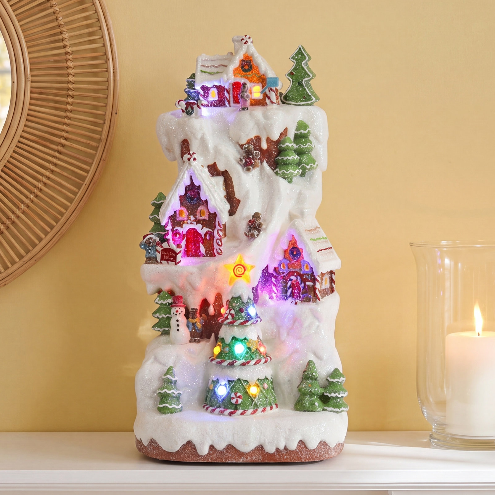 15.75" Gingerbread Village Multi-Tiered Mountain - LED Lights, 8 Music, Battery - Hand-Painted Resin