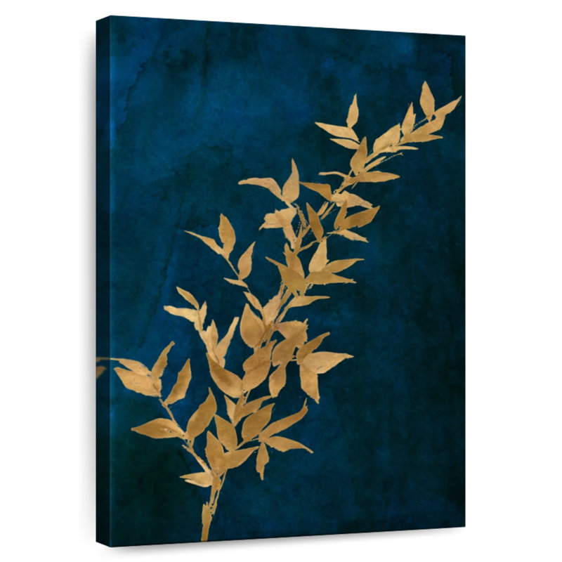 Harnek, feuilles d'or sur bleu marine II, H 45 po x l 30 po