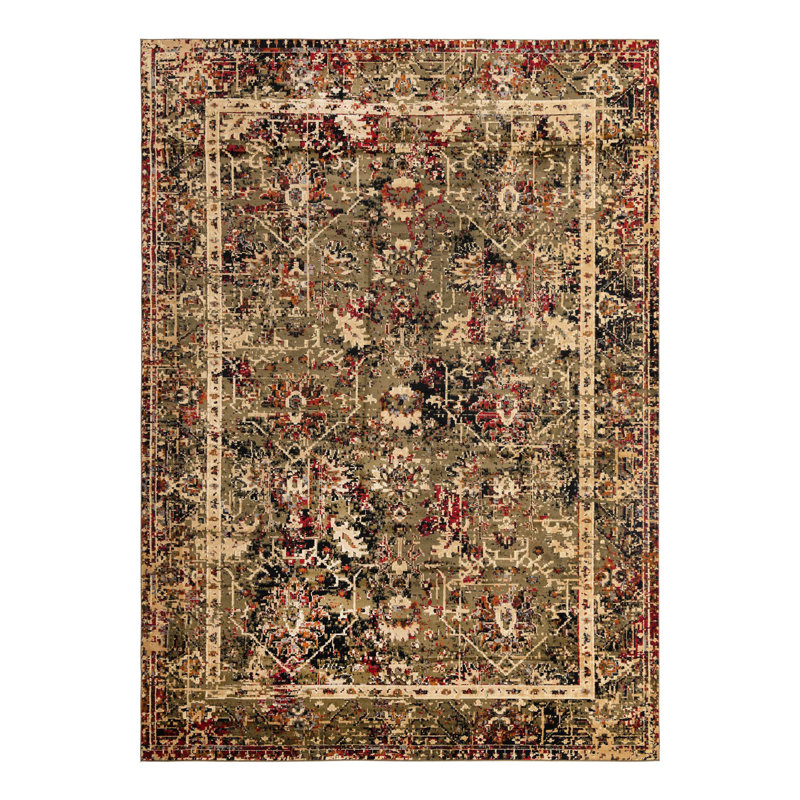 Tapis à motif géométrique vert / rouge / brun clair Alameda, Rectangle 10 pi x 14 pi 1 po