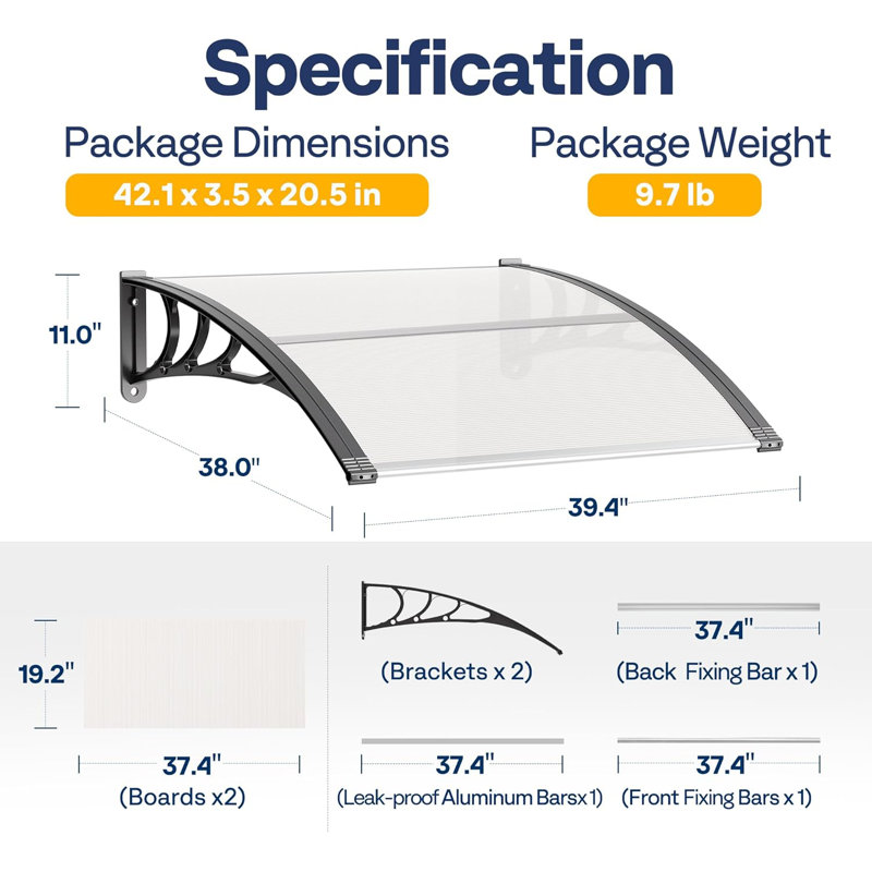 Polycarbonate Transparent Window Door Awning Spliced Canopy, 11" H x 39.4" W x 38" D