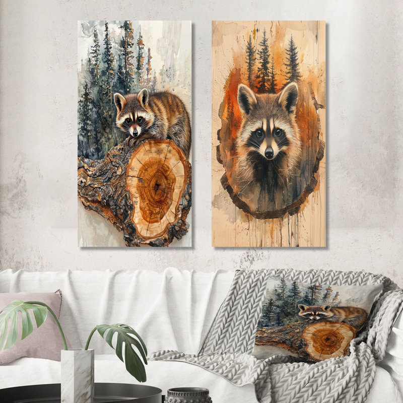 «Canadian Raccoon At Forest On Slide I», collection d'art sur toile 2 pièces, H 28 po x l 25 po, Toile tendue