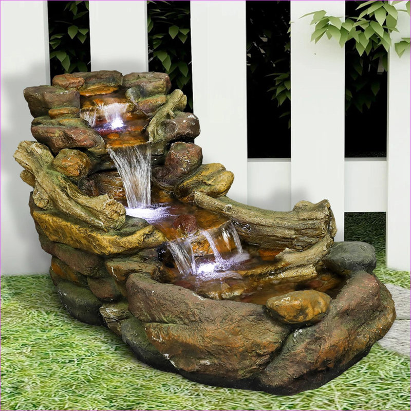 Fountains for Garden Patio Porch Indoor Outdoor, 19"L x 15"W x 19"H Cascading Rock Fountain with LED Lights | Resin | Tiered Waterfall Fountain
