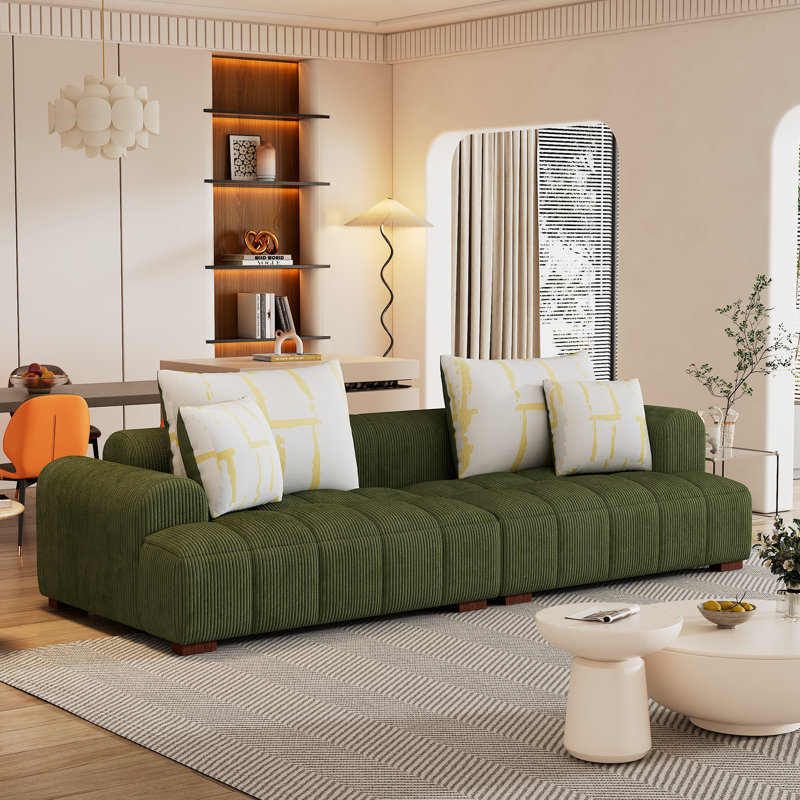 Canapé moderne avec pieds en bois d'hévéa 103,9 "Latitude, 4 coussins, canapé rembourré, canapé, canapé, Velours côtelé vert