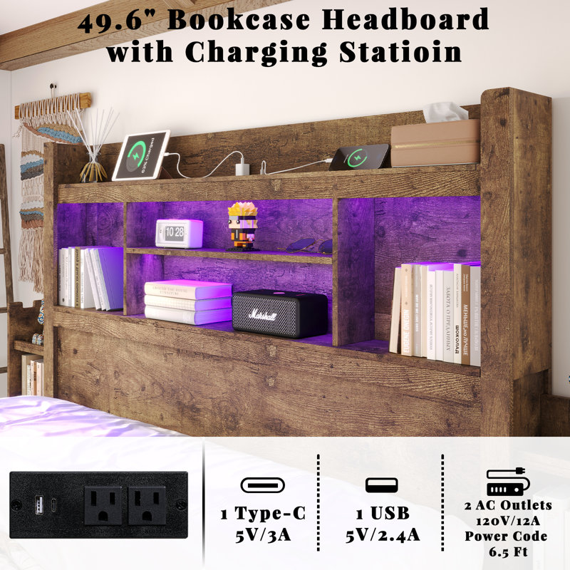 Farmhouse Bed Frame with Bookcase Headboard, 2 Detachable Racks, 4 Drawers & RGB LED, Queen, Brown