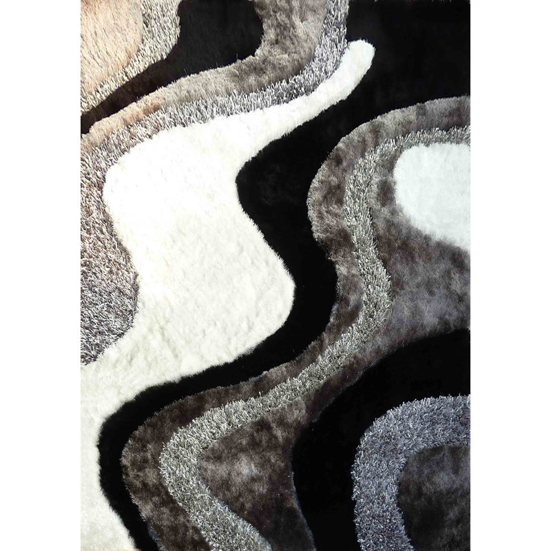 Tapis noir / gris touffeté à la main Abstract, 5 pi x 7 pi