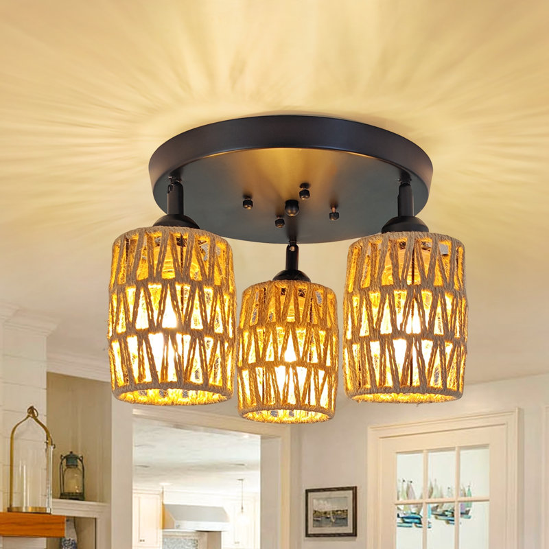 Boho Semi Flush Mount Ceiling Light,With Hand-Woven Hemp Rope Shades,Coastal Woven Ceiling Light Fixture For Kitchen/Living Room/Porch