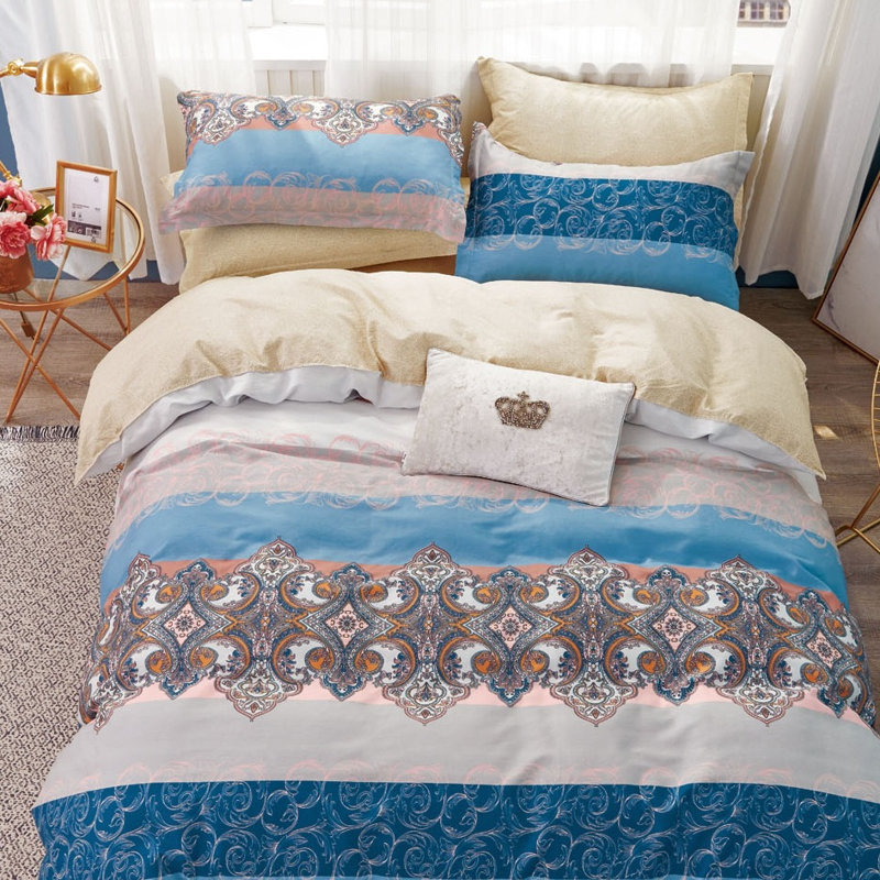 Hannah Blue and Red Damask Cotton Reversible King Comforter Set