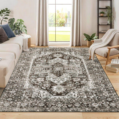 Tapis de salon oriental 8 x 10 Tapis lavable à la machine Tapis à médaillon vieilli antidérapant à poils courts et doux pour chambre à coucher, salle à manger, bureau, maison de campagne, 9 x 12