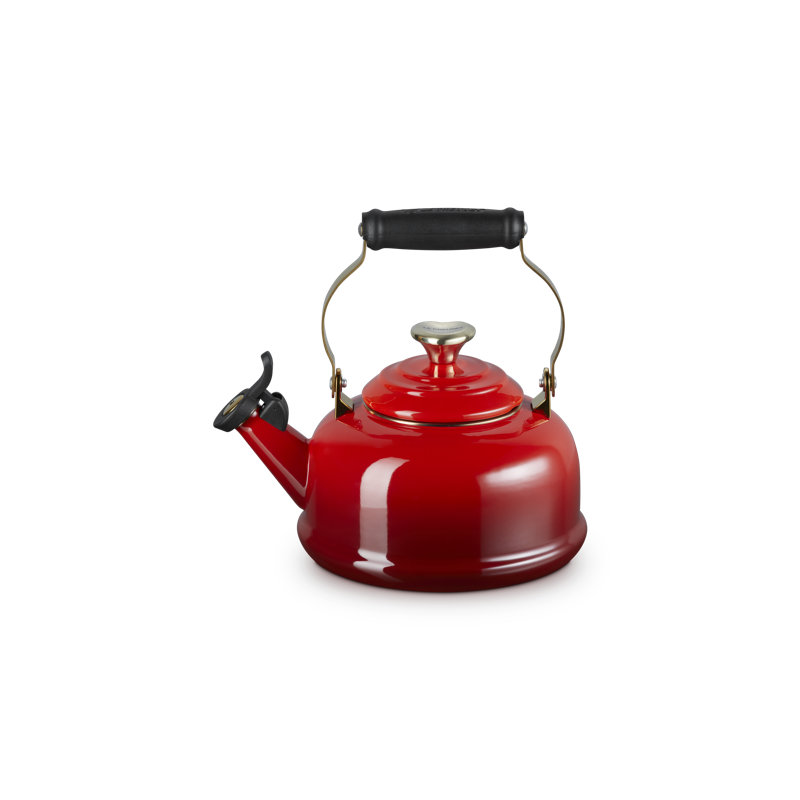 Le Creuset Enamel On Steel Whistling Kettle 1.7 Qt Cerise Light Gold Heart Knob, Red