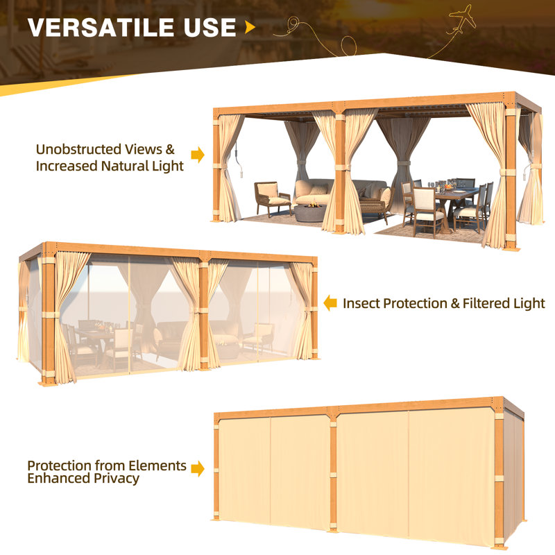 Pergola en aluminium, pergola en aluminium à grain de bois avec persienne réglable imperméable, 20 ft. W x 10 D