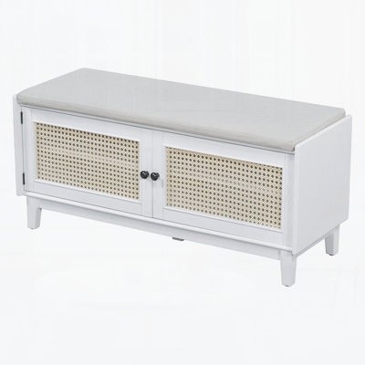 Boho Rattan Entryway Bench with Storage, Cushioned Wooden Shoe Organizer for Hallway