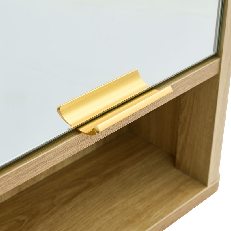 Armoire à pharmacie murale contemporaine pour salle de bain avec étagères ouvertes et miroir coulissant, Bois jaune