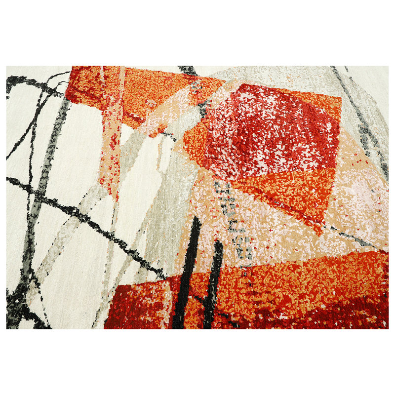 High-Quality Hand-Knotted Red/Black/Gray Area Rug, Rectangle 8' x 10', Ivory/Red