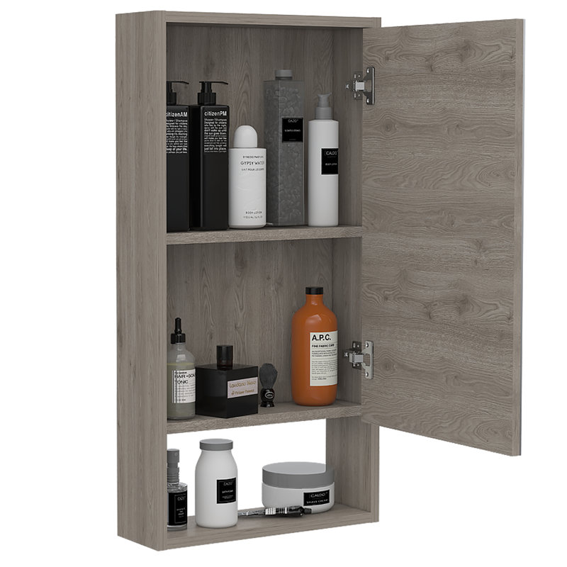 Armoire à pharmacie moderne à miroir avec tablette ouverte et 2 tablettes intérieures Modesto, Gris pâle