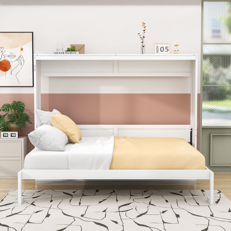 Lit escamotable en bois avec mécanisme de pliage à double piston, Blanc, Grand lit