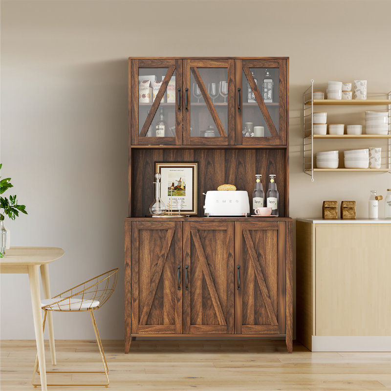 Grande armoire de rangement Milvio avec portes en verre, tiroirs et tablettes ouvertes, armoire de cuisine sur pied pour le salon