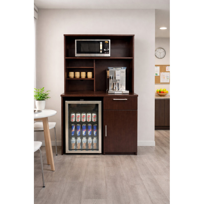 Office Breakroom Refreshment Cabinet with Microwave Shelf & Mini Fridge Opening – Fully Assembled Commercial Coffee Station – 36" W x 24" D x 75" H