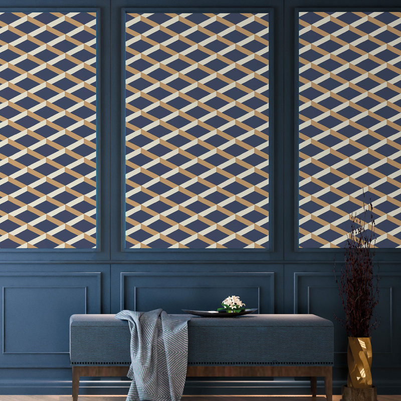 Luxe Shadow Trellis Wallpaper, Mustard/Blue