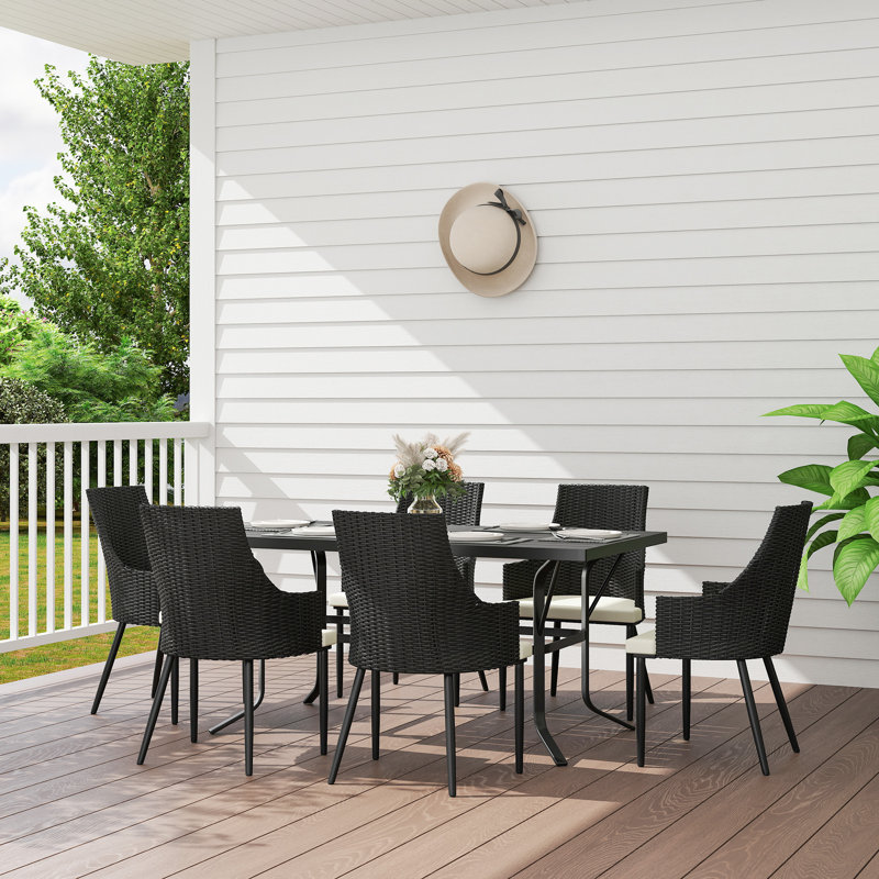 6 - Person Steel Patio Dining Set Umbrella Hole Included Rectangular Table with Cushions Included, Black