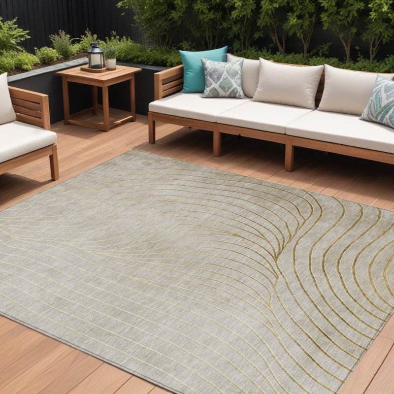 Tapis extérieur lavable abstrait beige et argent 9 pi x 12 pi