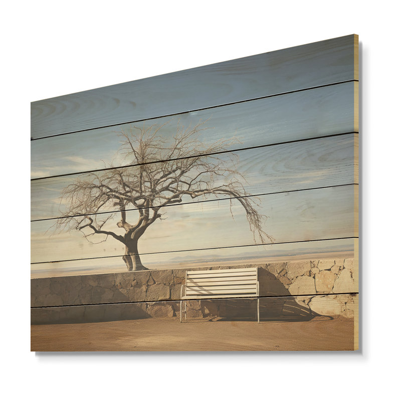 Mimalisme, banc sous un arbre, paysage - Plage côtière, art mural sur bois de pin naturel, H 10 po x l 20 po