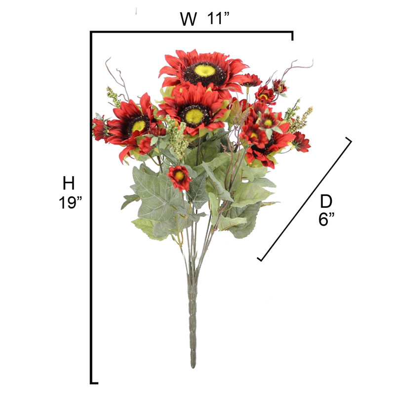 11 tournesols artificiels, Rouge brique, H 18,5 po x l 16 po x P 6 po