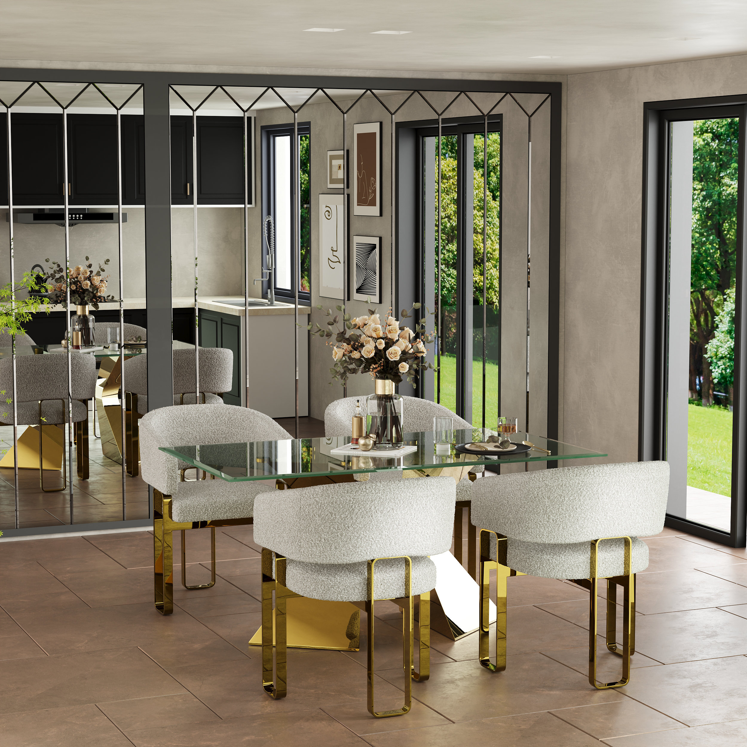 ANEWSUN White Boucle Upholstered Barrel Dining Room Chairs Armchair With  Polished Gols Legs Wayfair