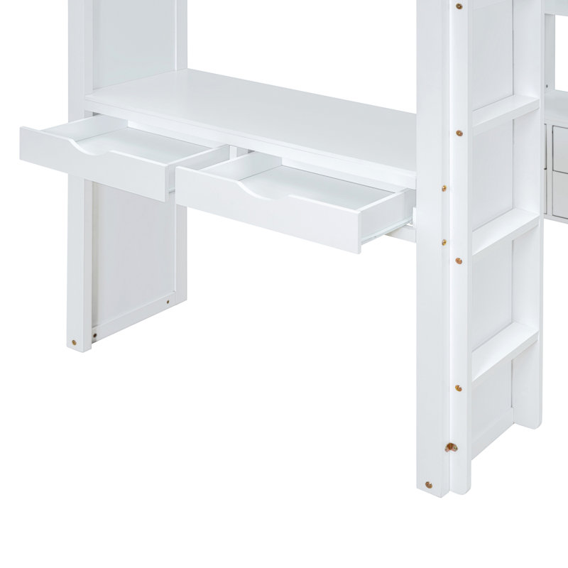 Lit mezzanine avec grand bureau d'écriture et DEL, Lit simple, Blanc