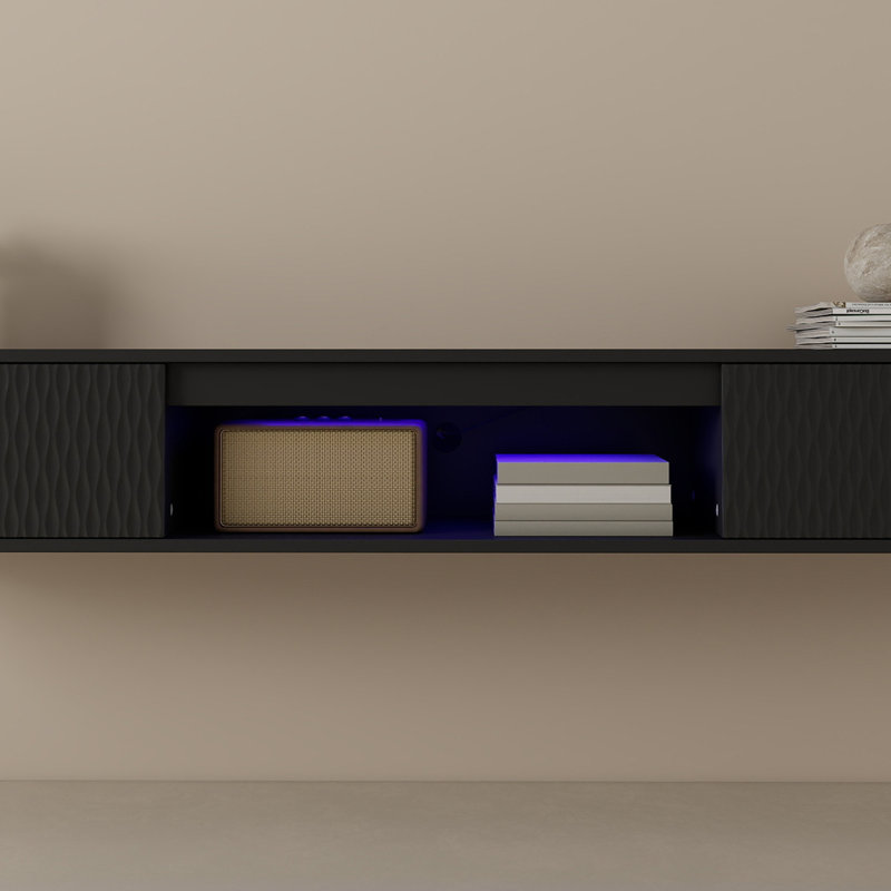Meuble télé moderne flottant avec rangement mural de 63 po pour meuble télé de 70 po ou moins, Noir