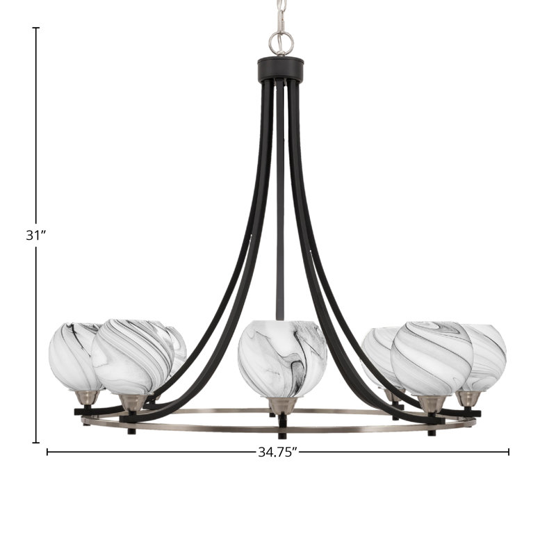 Lustre 8 lumières Paramount présenté en noir mat et finition nickel brossé avec verre tourbillon onyx de 5,75 po