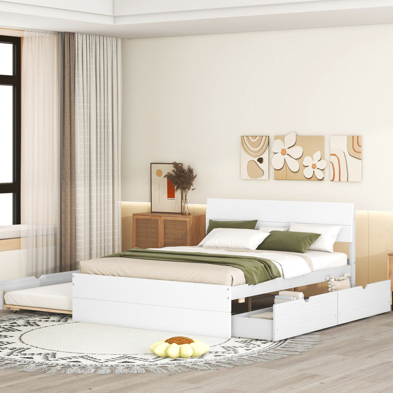 Lit double en blanc brillant avec lit gigogne simple et 2 tiroirs pour un rangement efficace, Blanc