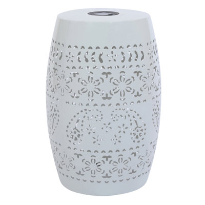 Solar Side Table With Unique Metal Hollowed - Out Design, White, Suitable For Patios And Pool Parties, Energy Saving Solution White Iron Table, Multi Purpose Office Garden, Casts Star Like At Night