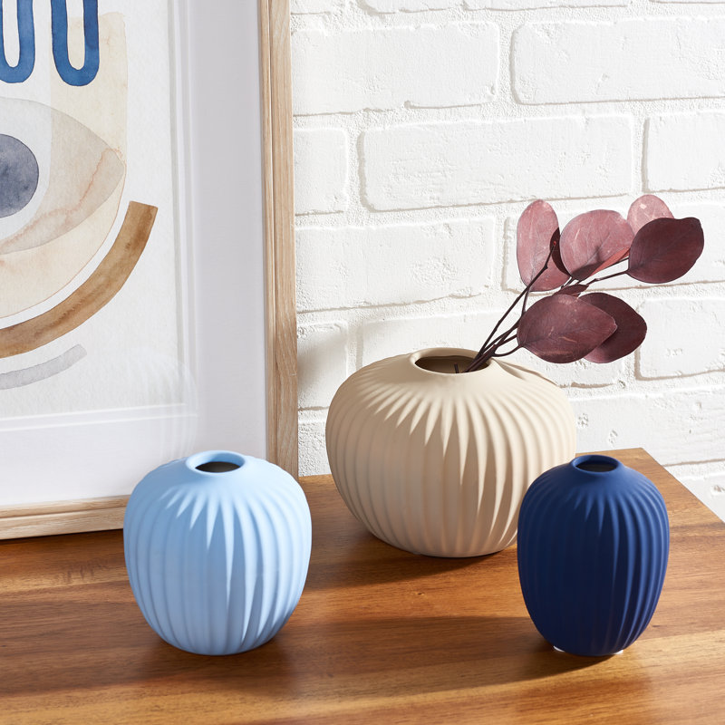 Handmade Ceramic Table Vase, Gray/Navy/Light Blue