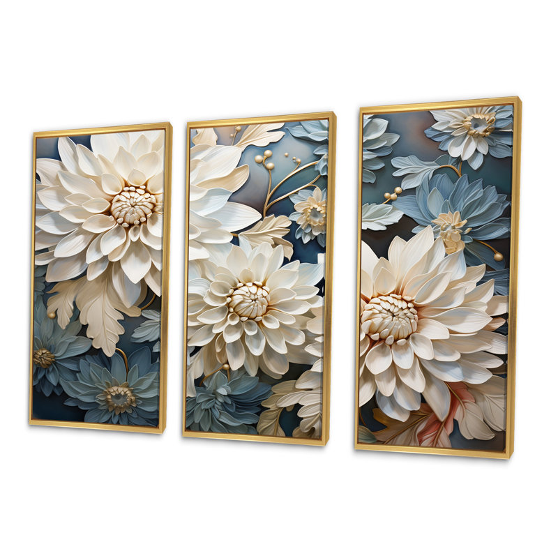 «Chrysanthemums White Blue Mosaic Garden IV - Chrysanthemums», ensemble d'art sur toile, Cadre flottant doré
