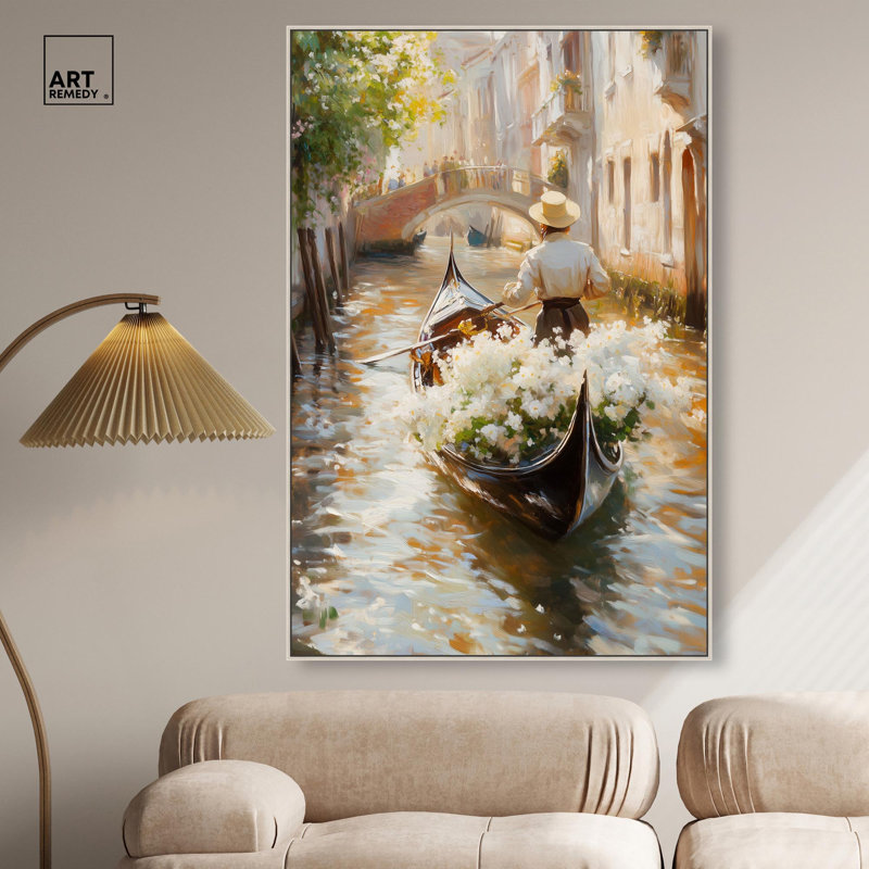 "Sunlit Canal", impression murale sur toile par Art Remedy, cadre argenté, 36 x 54, H 55 po x l 37 po, Cadre argenté