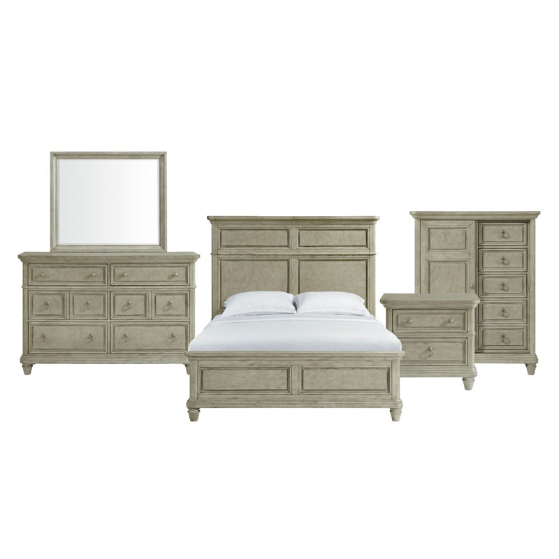 Ensemble de chambre avec lit à panneaux 5 pièces Edyth, Grand lit, 5 pièces: lit, commode, miroir, commode, table de